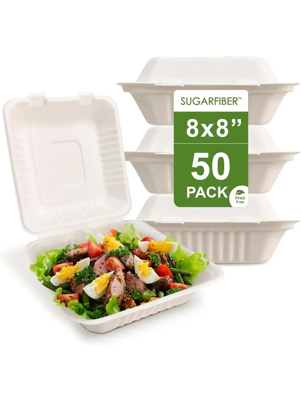 50 Pack 8x8 Compostable Clamshell Food Containers PFAS Free Bagasse Hinged Box